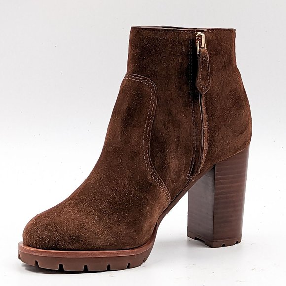 Tory Burch Women Sofia 85 Lug Sole T Logo Heeled Brown Suede Boots size 5 - Picture 9 of 11